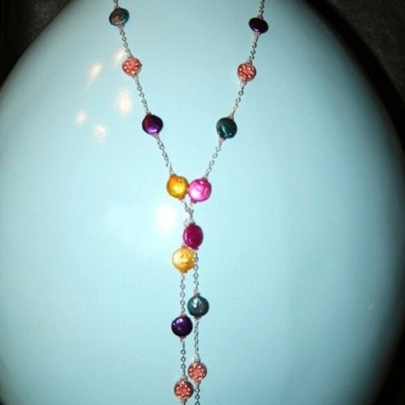 Hand made necklace fresh water multi color pearls copper plated beads - Picture 2 of 3
